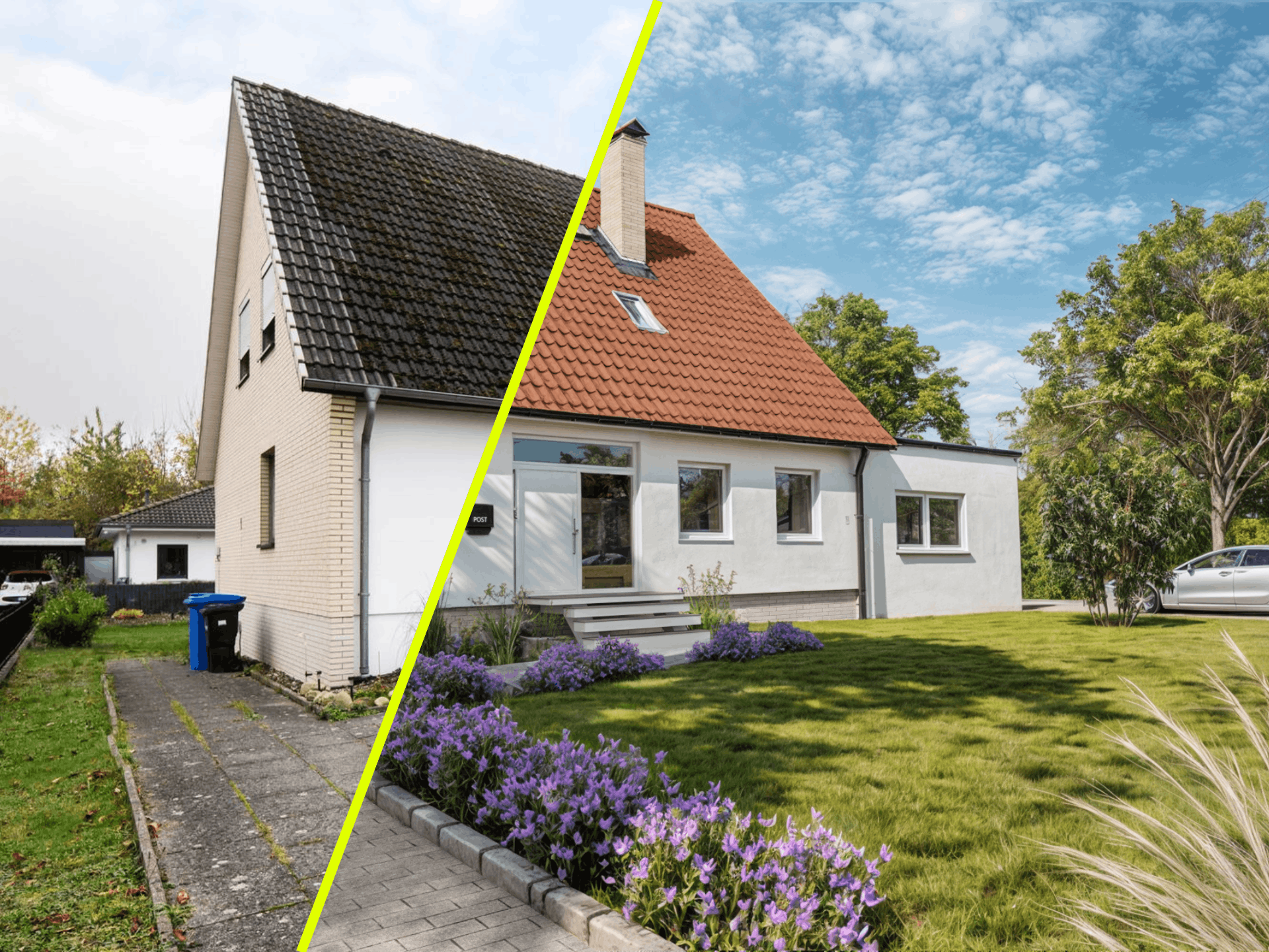 Die linke Bildhälfte zeigt ein unsaniertes Einfamilienhaus mit dunklem, verwittertem Dach, blasser Klinkerfassade und einem einfachen, in die Jahre gekommenen Vorgarten. Die rechte, durch eine gelbe Linie getrennte Hälfte präsentiert die fotorealistische 3D-Visualisierung der modernisierten Immobilie: Eine strahlend weiße Fassade, ein neues rotes Ziegeldach, ein moderner Anbau sowie eine ansprechende Gartengestaltung mit sattgrünem Rasen, neu gepflastertem Weg und blühenden violetten Blumenbeeten unter einem sonnigen, blauen Himmel.